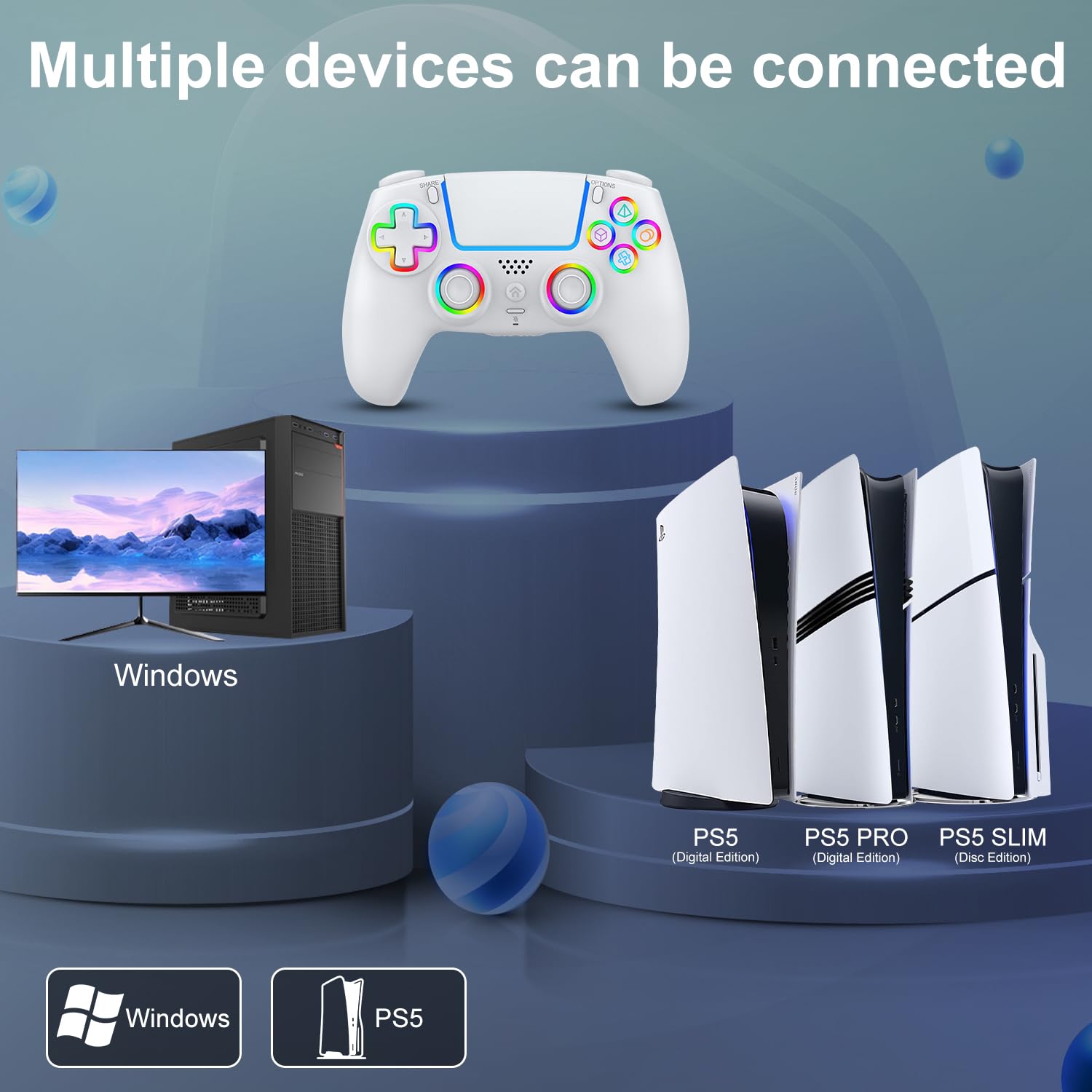 SWCTIM PS5 Controller Wireless,Kompatibel mit PS5 Pro/Slim/PC,Wireless Controller mit 7 RGB LED Licht,Doppelter Vibration,Makro/Turbo Funktion,6-Achsen Gyro Sensor,3.5mm Kopfhörerbuchse,Weiß