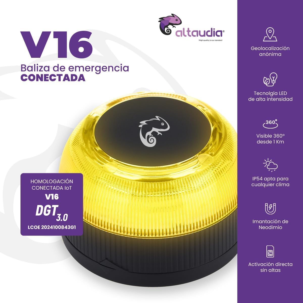 Lumière d'urgence pour voiture - Balise avec géolocalisation homologuée DGT V16 - Lumière de panne de voiture Visibilité 1 km - obligatoire janvier 2026