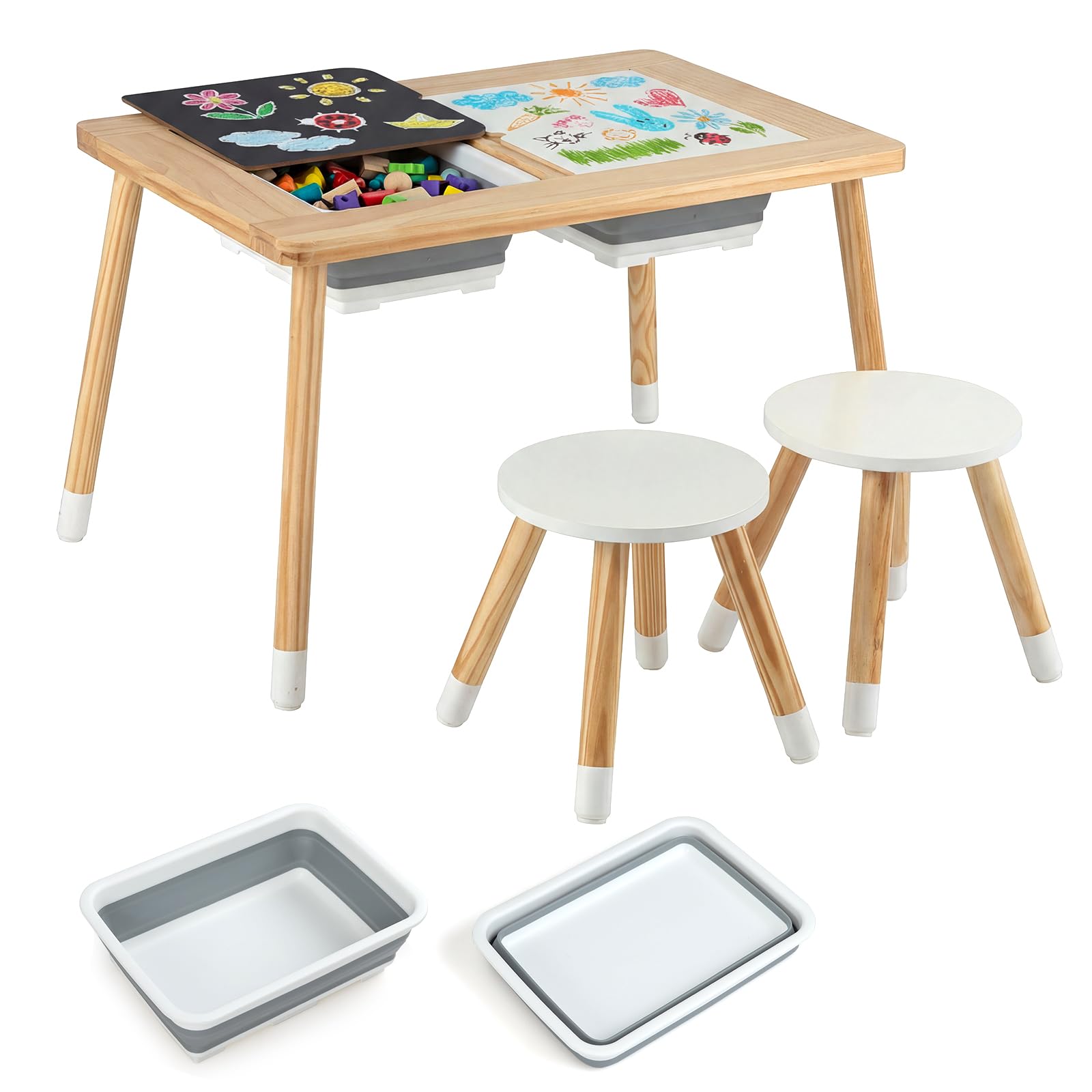 GOPLUS Table Sensorielle Enfant Extérieure avec 2 Chaises (Naturel)