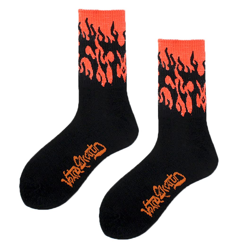 Ixkbiced Harajuku Unisex Flame Print Crew Socks Hip Hop Contrast Color Skateboard Hosiery