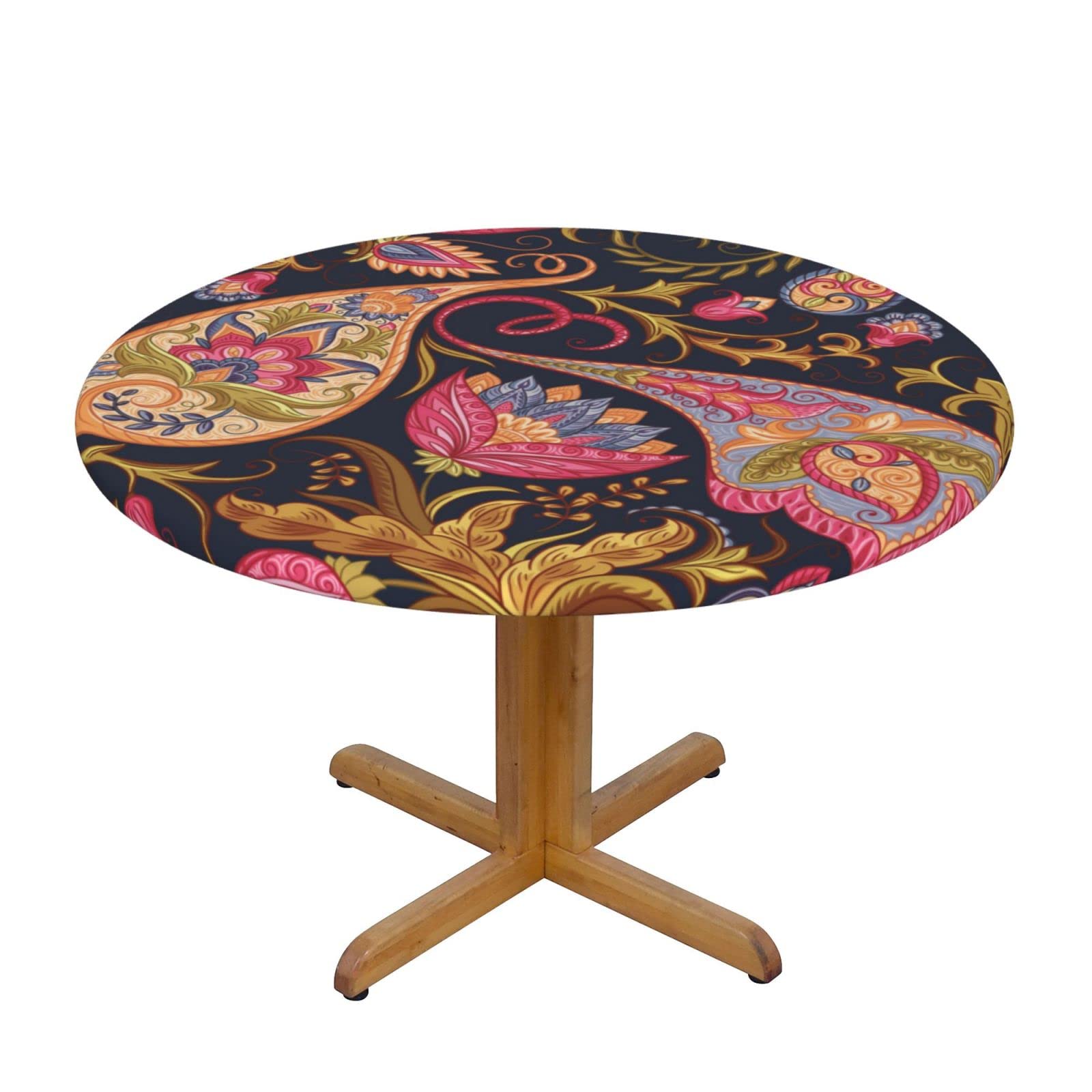 Lsjuee Round Fitted Tablecloth 45-50in Elastic Edged Table Cloth for Kitchen Dining Party Home Decor - Paisley Pattern Gold