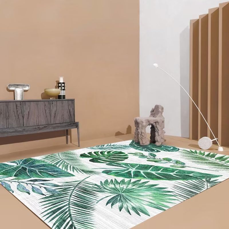 Tapis salon vert au motif grande feuille, l'atout confort pour votre bureau et chambre adulte