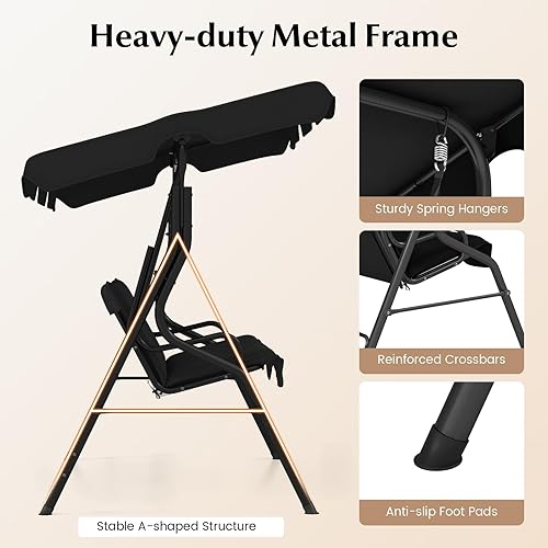 Miniatura 7 de RELAX4LIFE Silla de columpio para porche para 3 personas, columpio para exteriores con toldo ajustable, cojín extraíble y soporte de marco de metal,