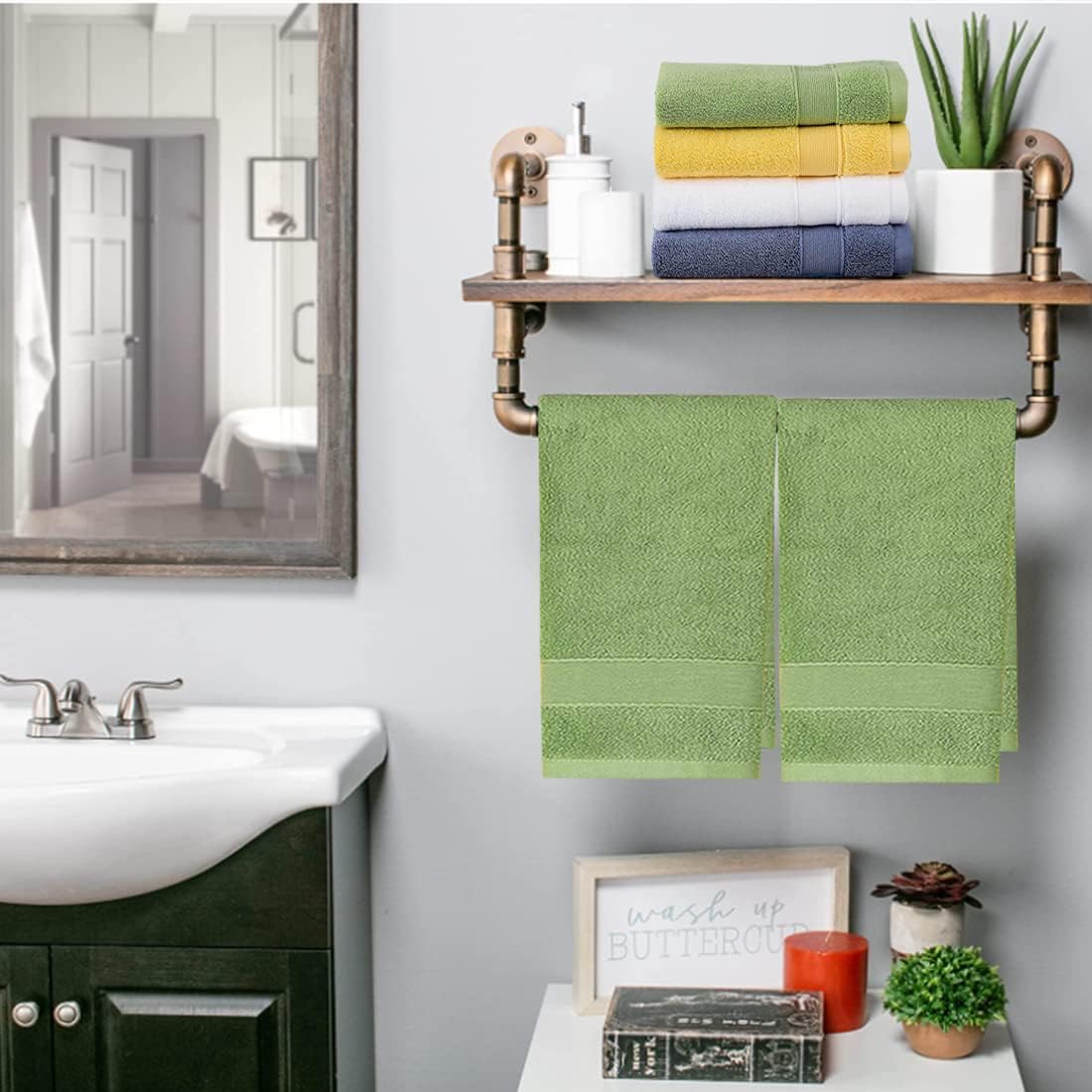 Bathroom Hand Towels 2 Set,Cotton Hand Towel for Bath, Hand, Face, Kitchen, Super Soft, Highly Absorbent, Machine Washable, Size 14" x 30" (Green)โฆ