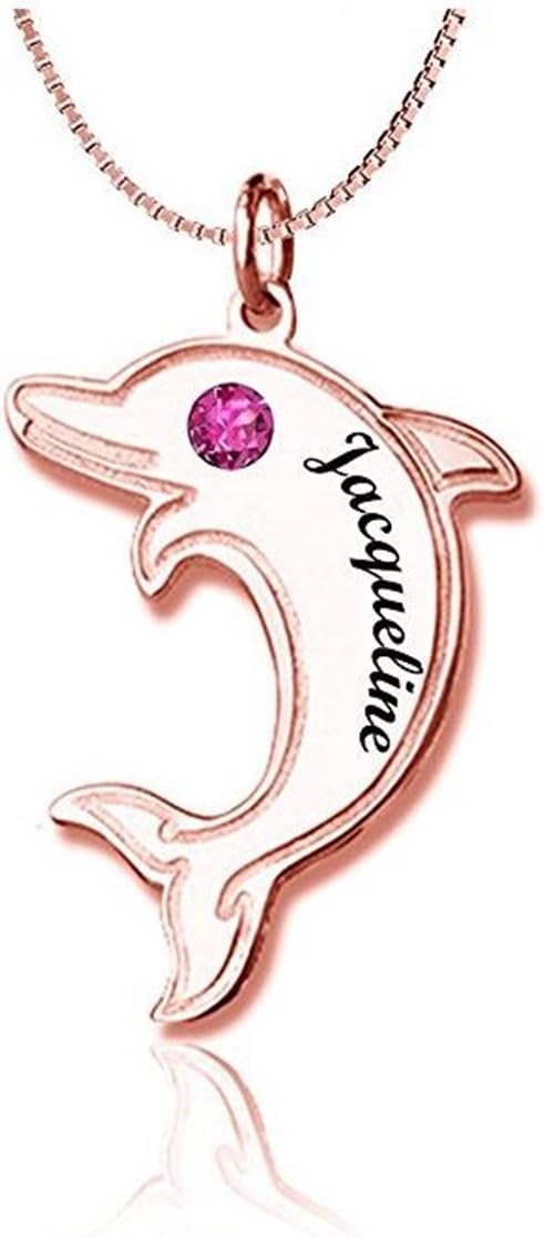 Sterling Silver Personalized Dolphin Pendant Necklace with Birthstone Custom Made with Any Names