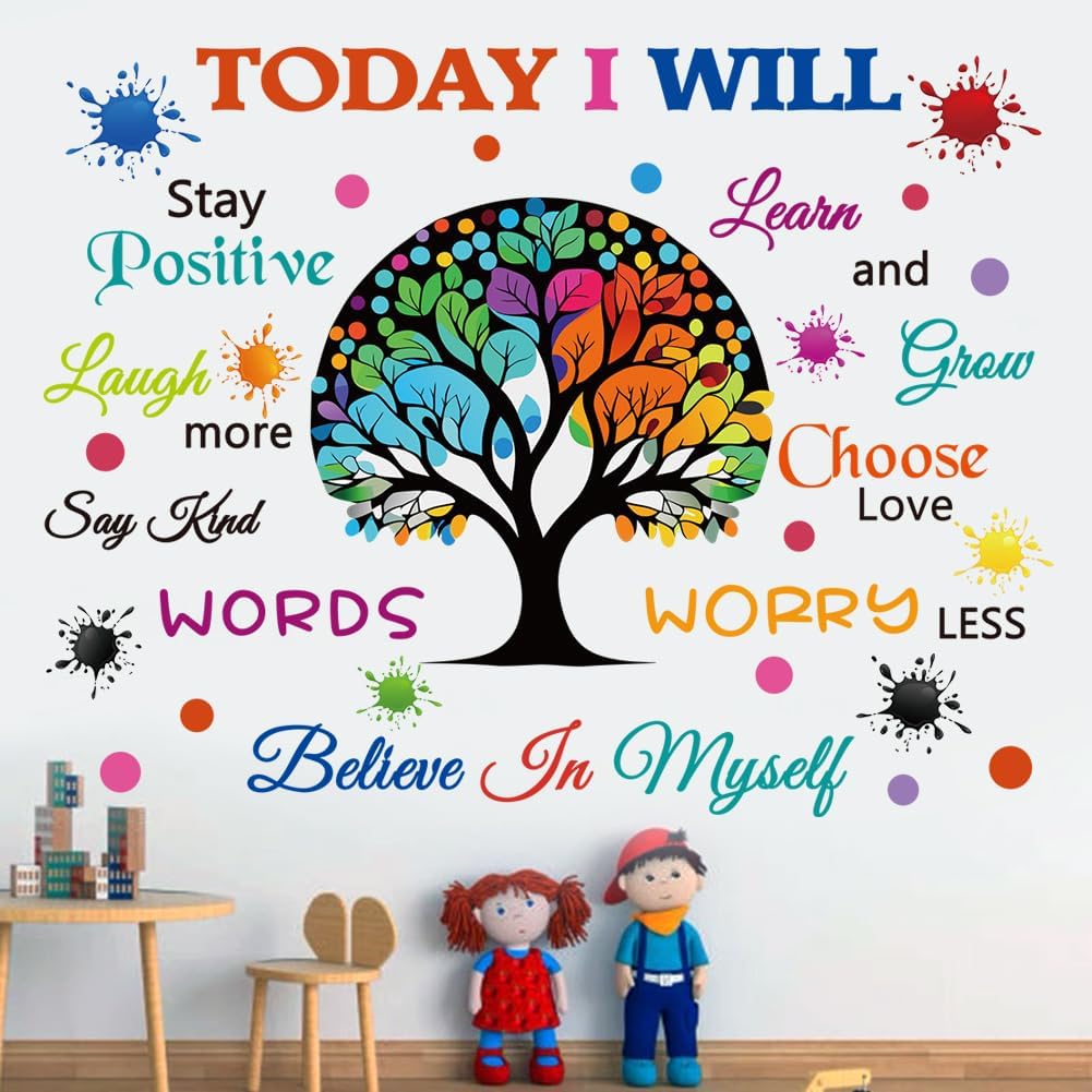 CASADECOR 'Today I Will' Tree Motivational Wall Decals - Colorful Peel & Stick Quotes for Bedroom Classroom Kids Rooms