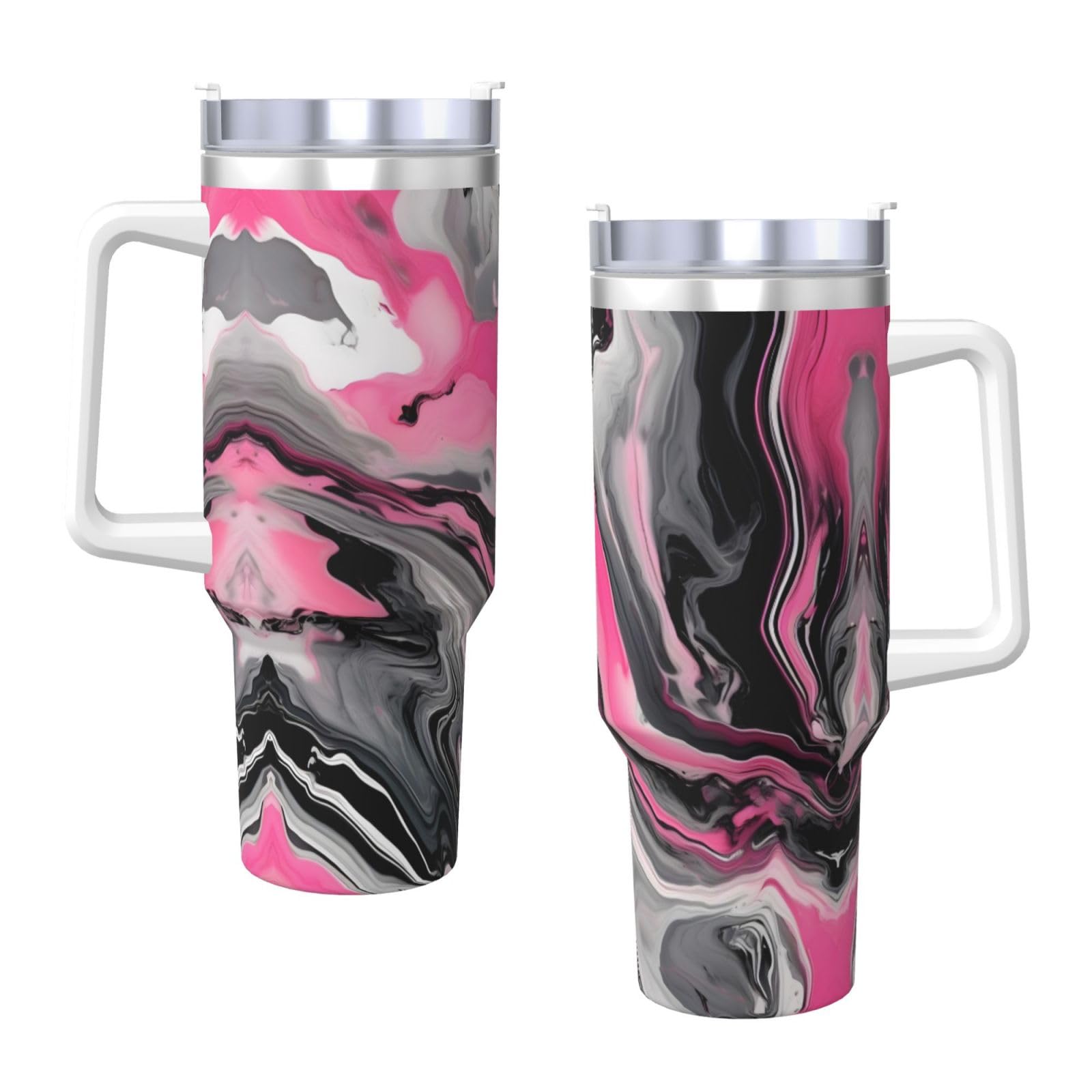 Wasserflasche aus Edelstahl, doppelwandig, isoliert, mit Griff und Strohhalm-Deckel, 1,2 l, Rosa mit abstraktem Marmor-Grau