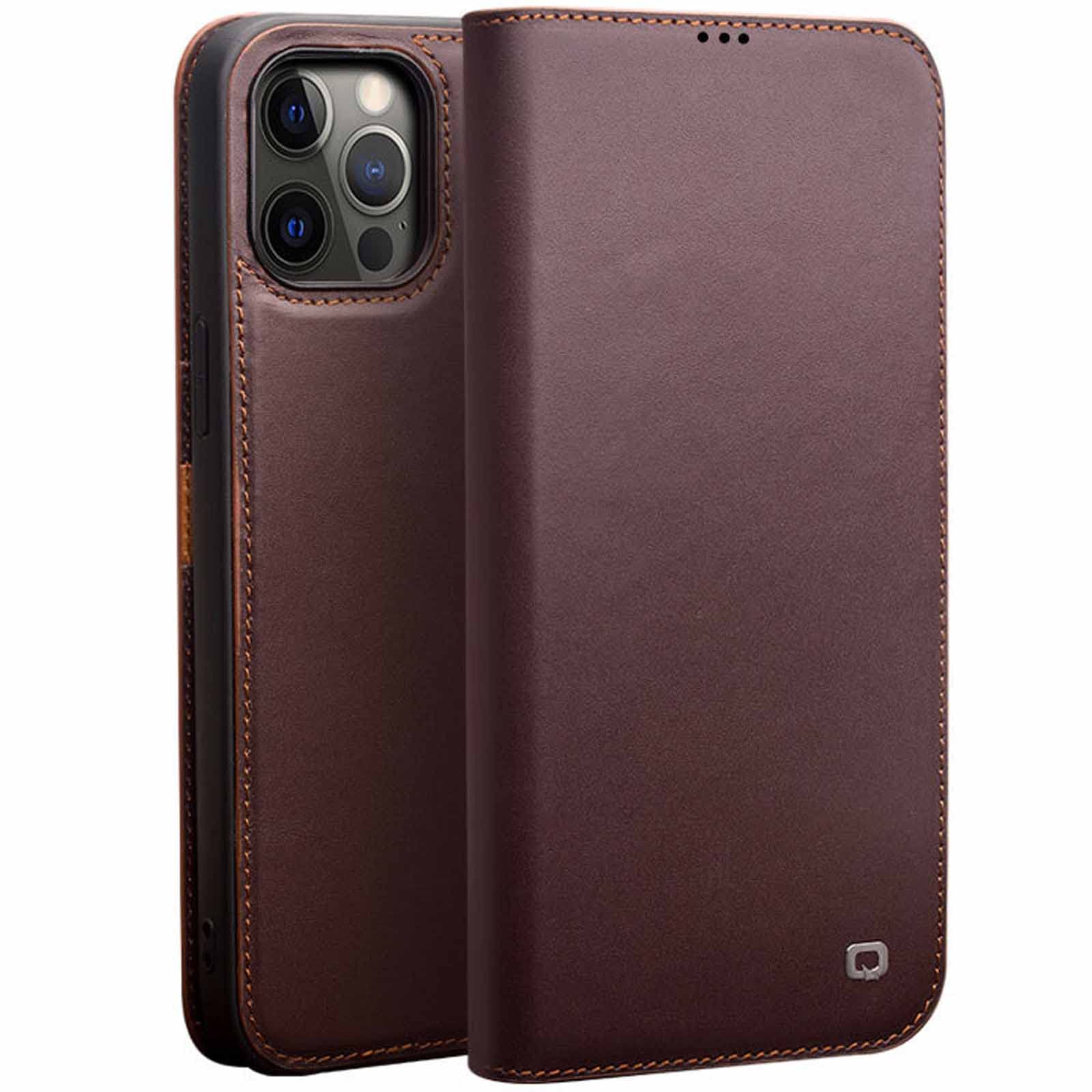 Coque iPhone 12 contre les chocs étui en cuir véritable résistant avec support