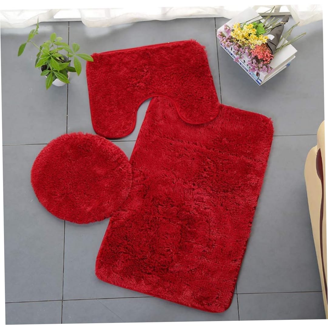 Alfombrillas de baño antideslizantes con tapa y alfombra en U roja, juego de 3 piezas