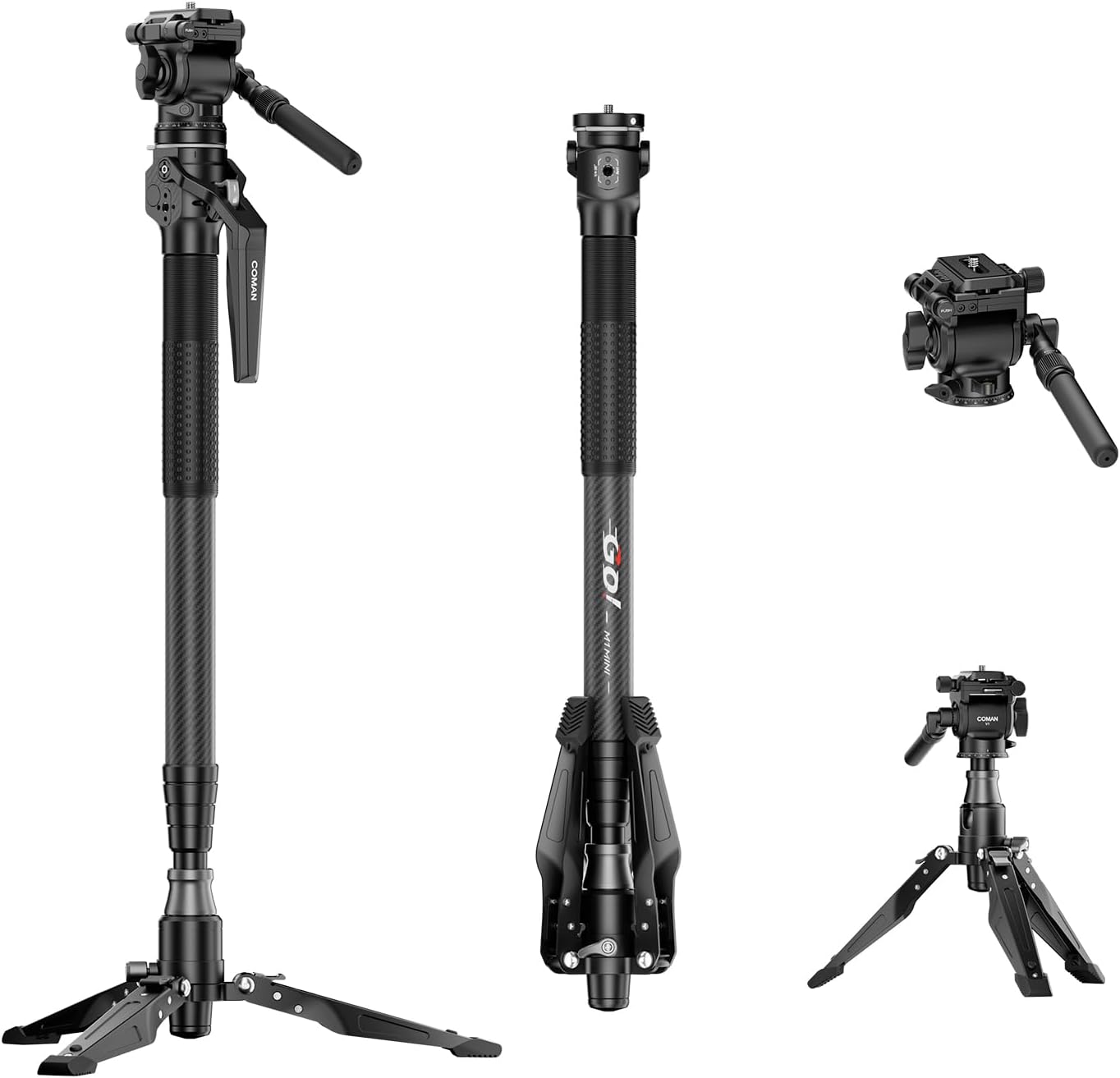 COMAN M1mini Carbon Fiber Monopod for Camera, 4-Section One-Button Quick Release, Portable Camera Monopod with V1 Fluid Head for DSLR Mirrorless Cameras, Max Load 5kg, (M1mini-V1)