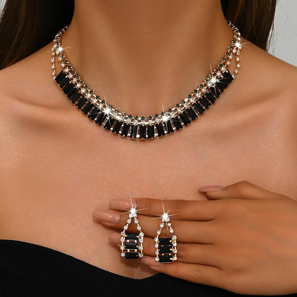 Boho Fashion Prom Shinny Black Rhinestones Choker Necklace Earrings Set Dainty Layered Sexy Choker Necklace Gold Black Halloween Christmas Necklace for Women - Image 3