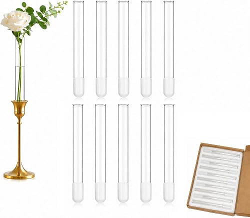 Glass Cylinder Vases for Taper Candle Holders & Plant Propagation | 10-pack borosilicate glass vases, fits 7/8'' candlestick openings. Ideal bud vases for single flowers & plant rooting