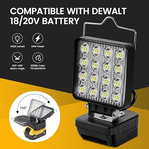 Miniatura 2 de Luz de trabajo llevada portátil para Dewalt 34w luces de trabajo inalámbricas para batería de 18v 20v, 140 girar 3400lm luz de trabajo con USB y