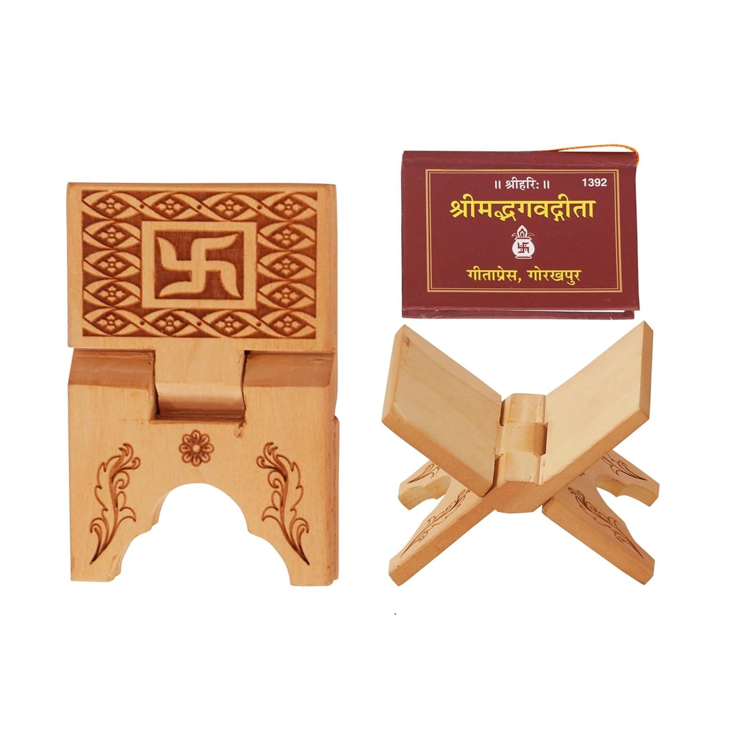 Cloudzy Mini Book Stand Wooden Hand Carved Holy Small Gita Book with Stand for Home Office Temple Decoration Religious Bhagavad Gita Rehal Wooden Tiny Stand (Small)