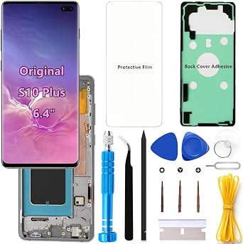 Original 6.4" AMOLED 60Hz S10 Plus Screen Replacement OEM for Samsung Galaxy S10Plus SM-G975U SM-G975U1 Touch Display Screen Digitizer Assembly Black Frame+Protector+Adhesive+Tools