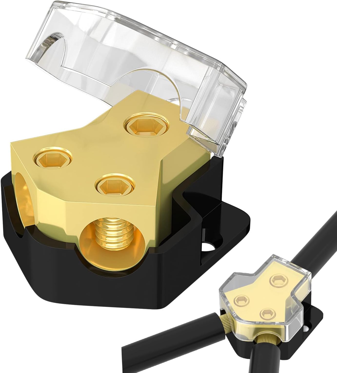 TERRIFI 2-Way Car Audio Power Distribution Block, 0/2/4 Gauge Input to 4/8/10 Gauge Output, Ground Distribution Block for Amplifiers in Auto, Car, and Boat Audio Systems