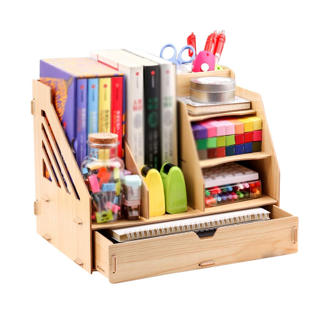 Organizer da scrivania in legno con ripiani multistrato e cassetto per forniture per ufficio (colore: C)