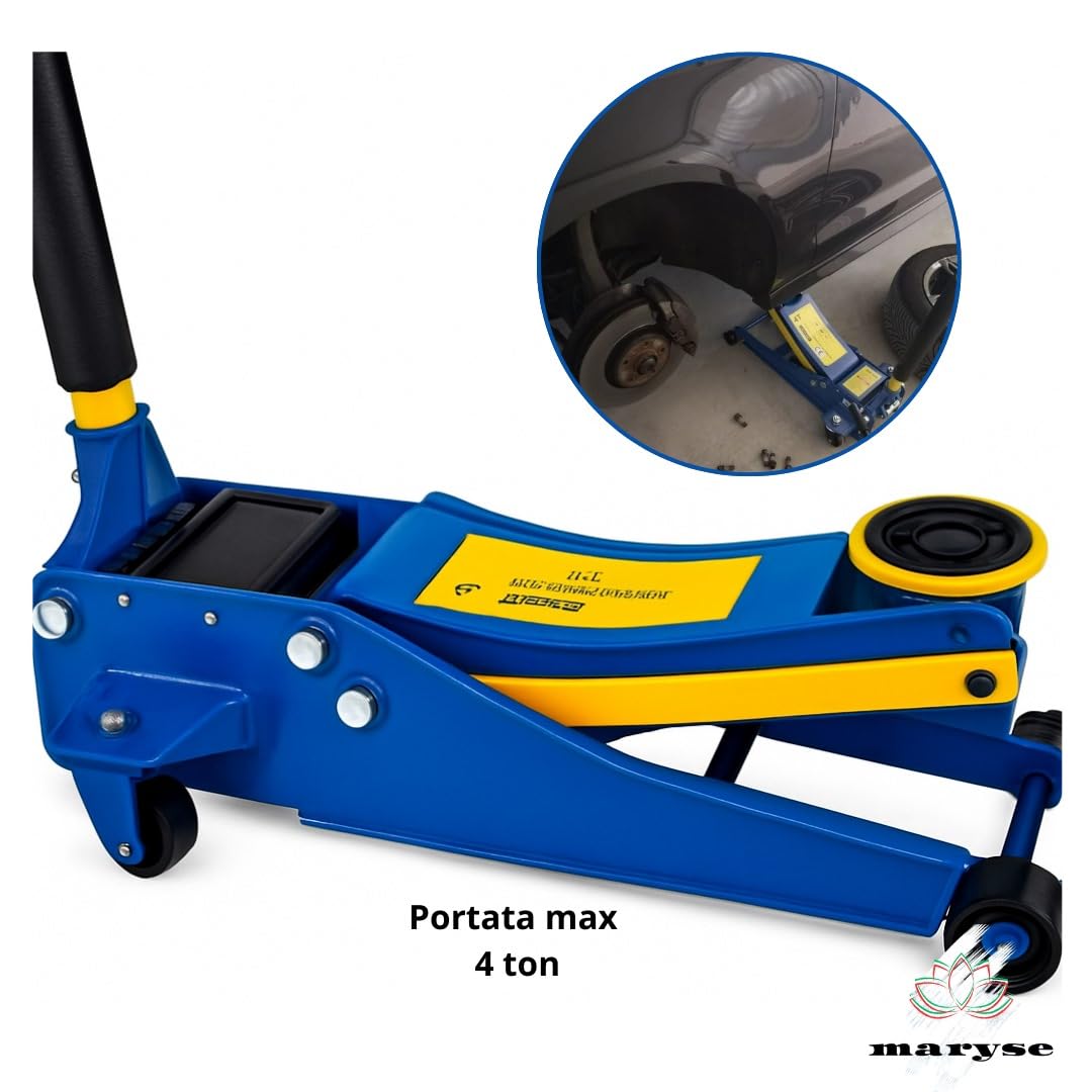 Maryse Cric Idraulico a Carrello Professionale 4 Ton – Sollevatore da Officina in Acciaio Rinforzato con Doppio Pistone – Altezza 145-500 mm, Valvola di Sicurezza, Ergonomica e Ruote Girevoli