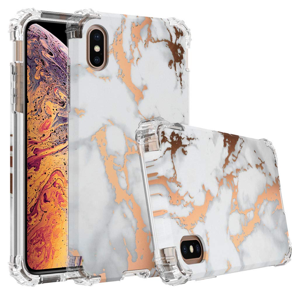 WALAGO iPhone Xs Max Case, Shiny Rose Gold White Marble Case Heavy Duty Hybrid Dual Layer Full-Body Protect Case Soft TPU + Hard Plastic Back Cover for iPhone Xs Max 6.5"