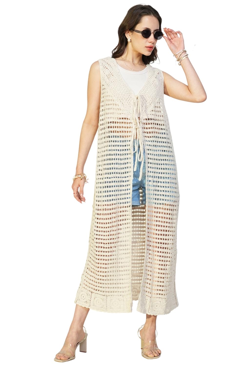 Edition Women's Crochet Cream Sleeveless Long Shrug with Tie-CHN-8084_Cream-P-image-14