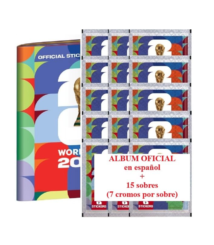 ALBUM + 15 SOBRES MUNDIAL USA 26 (cromos, pegatinas) de fútbol 2026 fabricado en España. ES TAPA BLANDA