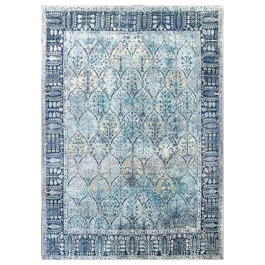 Softwoven Rugs, 9x12 Machine Washable Rug, 90% Cotton, Non-Slip, Family & Pet Friendly, Stain Resistant, Non-Shed, Traditional Vintage Area Rug for Living Room, Hallway - Navy and Lt.Blue