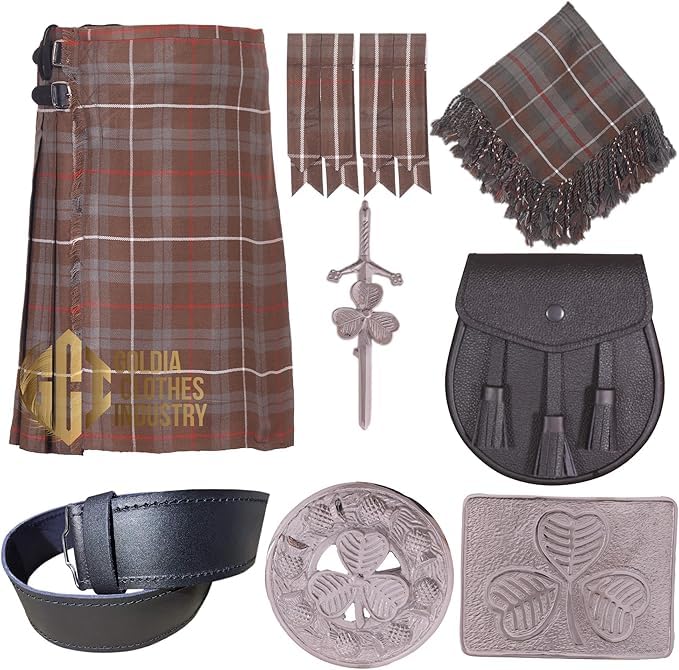 Goldia Clothes Industry Scottish Tartan Kilt Outfit – 8 Yards 16Oz Kilt with Accessories – Custom-Made in Various Tartans (Fraser Weathered)