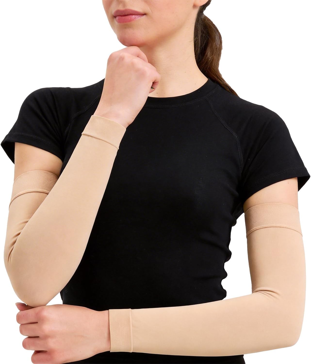 Compression Lymphedema Arm Sleeves for Women and Men, 15-20 mmHg Full Arm Support for Swelling Recovery Circulation, Beige, Medium