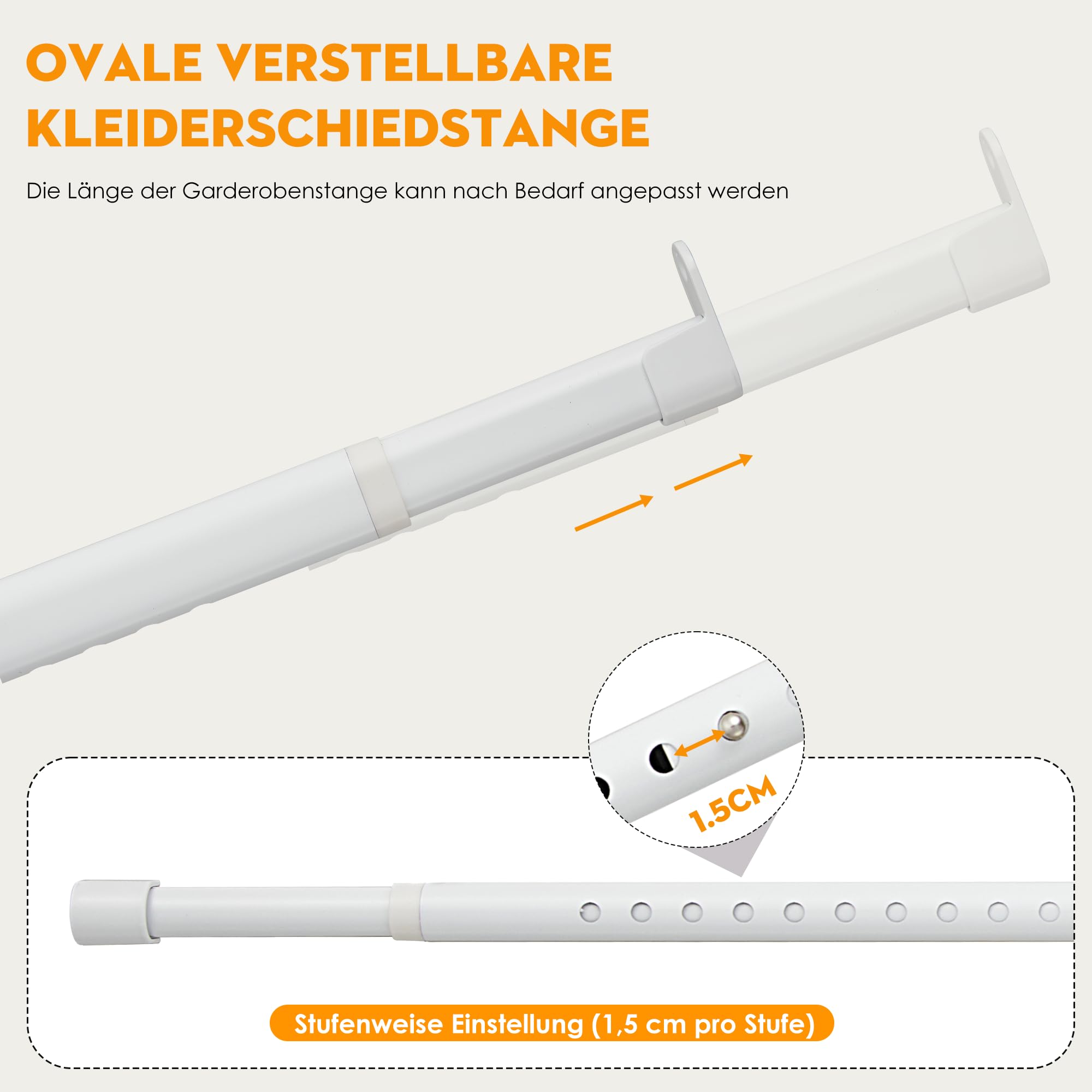Asta appendiabiti per armadio, bianco, ovale, 25 mm, allungabile con 2 supporti, per armadio, finestra, 43-101 cm