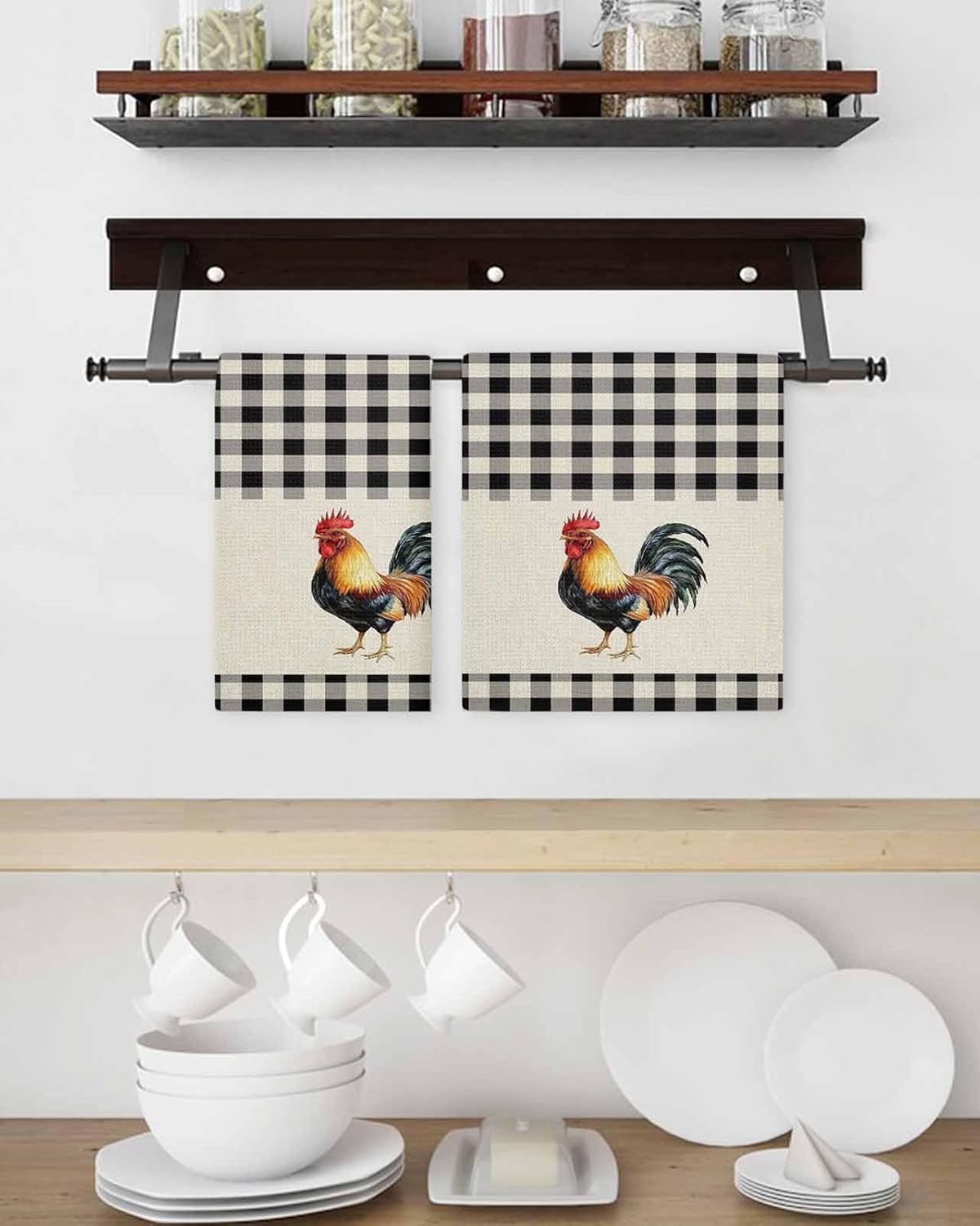 DecorLovee Farm Rooster Kitchen Towels Set of 3, Waffle Microfiber Towels, Farmhouse Animals Rustic Black White Plaid Absorbent Dish Towels Cloths Decorative Hand Towels for Bathroom 16x24 Inch
