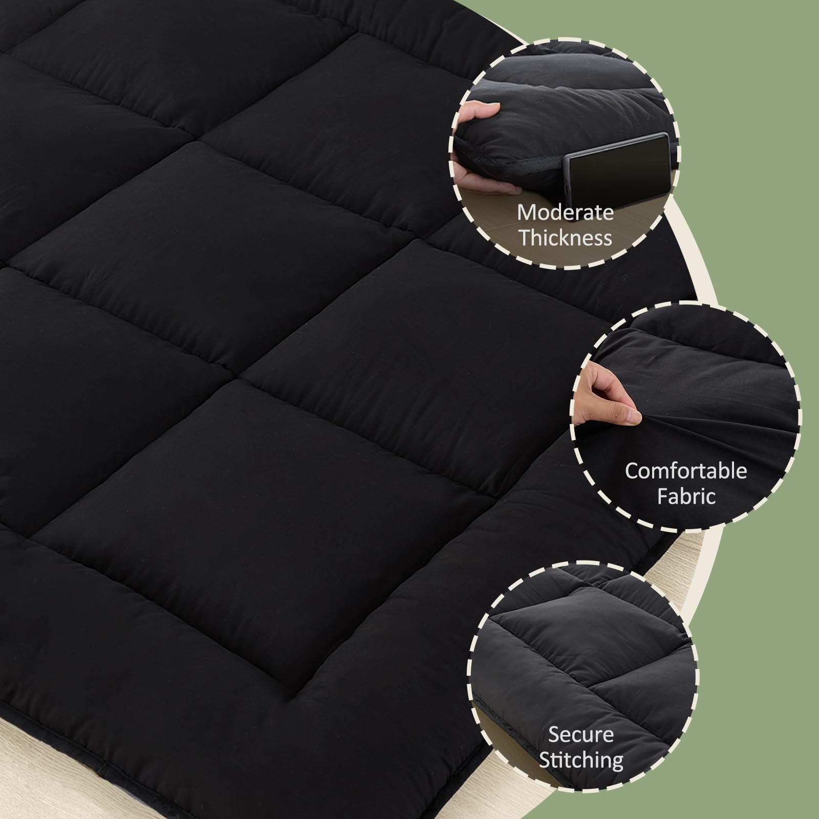 Colchón japonés plegable y portátil, colchón de futón enrollable de 3 pulgadas, tapete de tatami negro para adultos y niños, espuma viscoelástica triturada rellena con correas, almohadilla para dormir 2