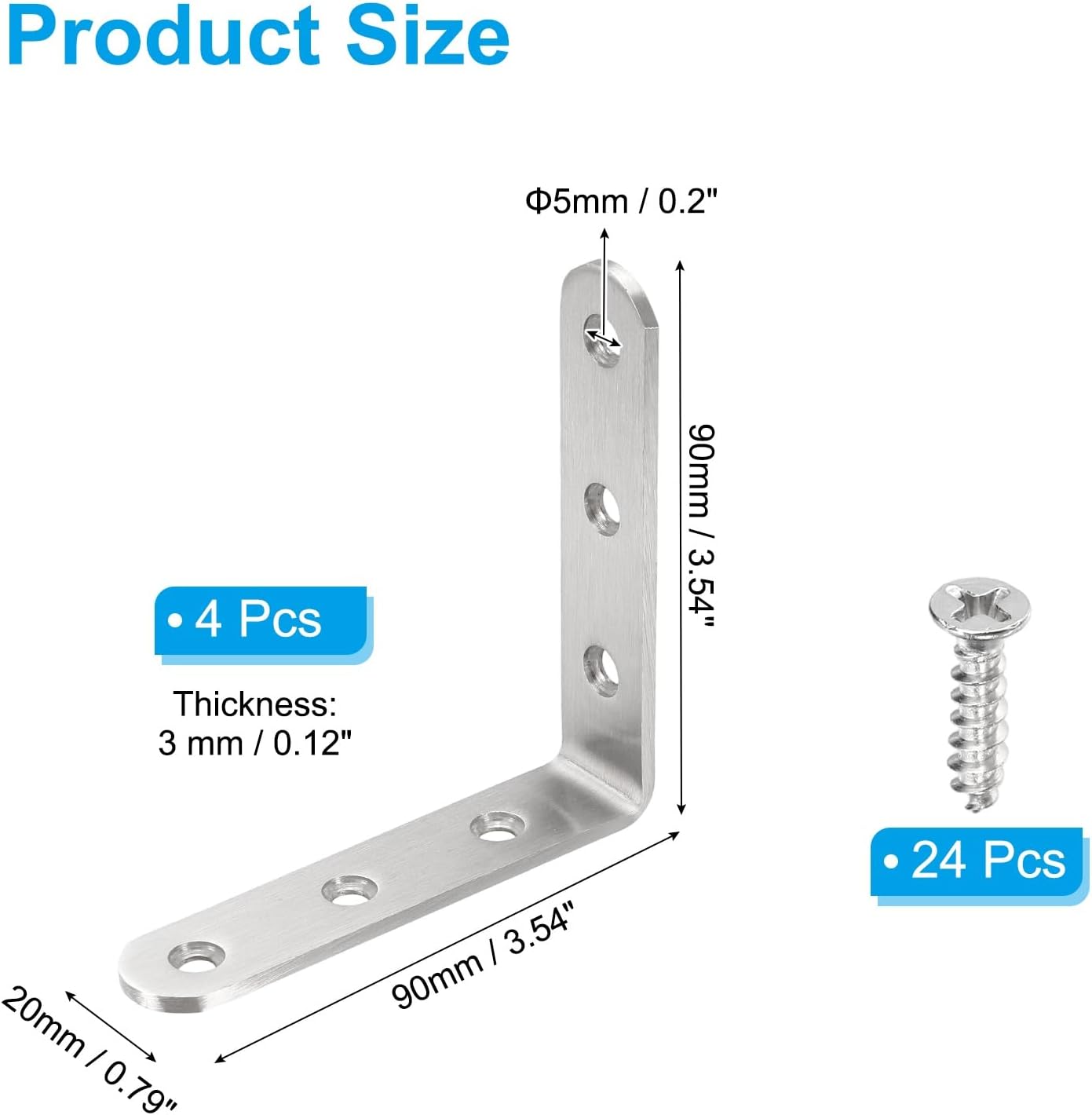 PATIKIL 4 Pcs Metal L-Shape Brackets, 90mm x 90mm (3.5"x3.5") 90 Degree l Bracket Corner Braces Stainless Steel Right Angle Mounts with Screws for Wood Shelves Furniture, Silver