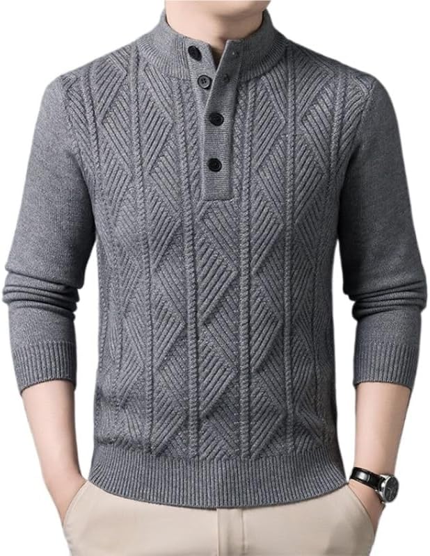 Winter Men's Casual Jacquard Knitted Sweater Stand Up Collar Button Sweaters