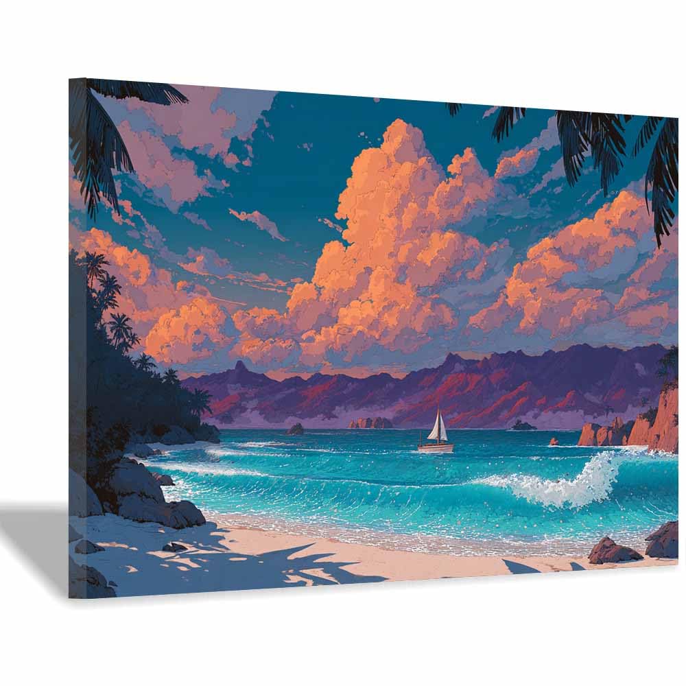 HOQIU Beautiful wall art Tropical Beaches es Sailboat canvas artwork for wall, art prints, For living room, bedroom, bathroom, dining room, painting and decor.(Multicolor)-40x60cm Framed