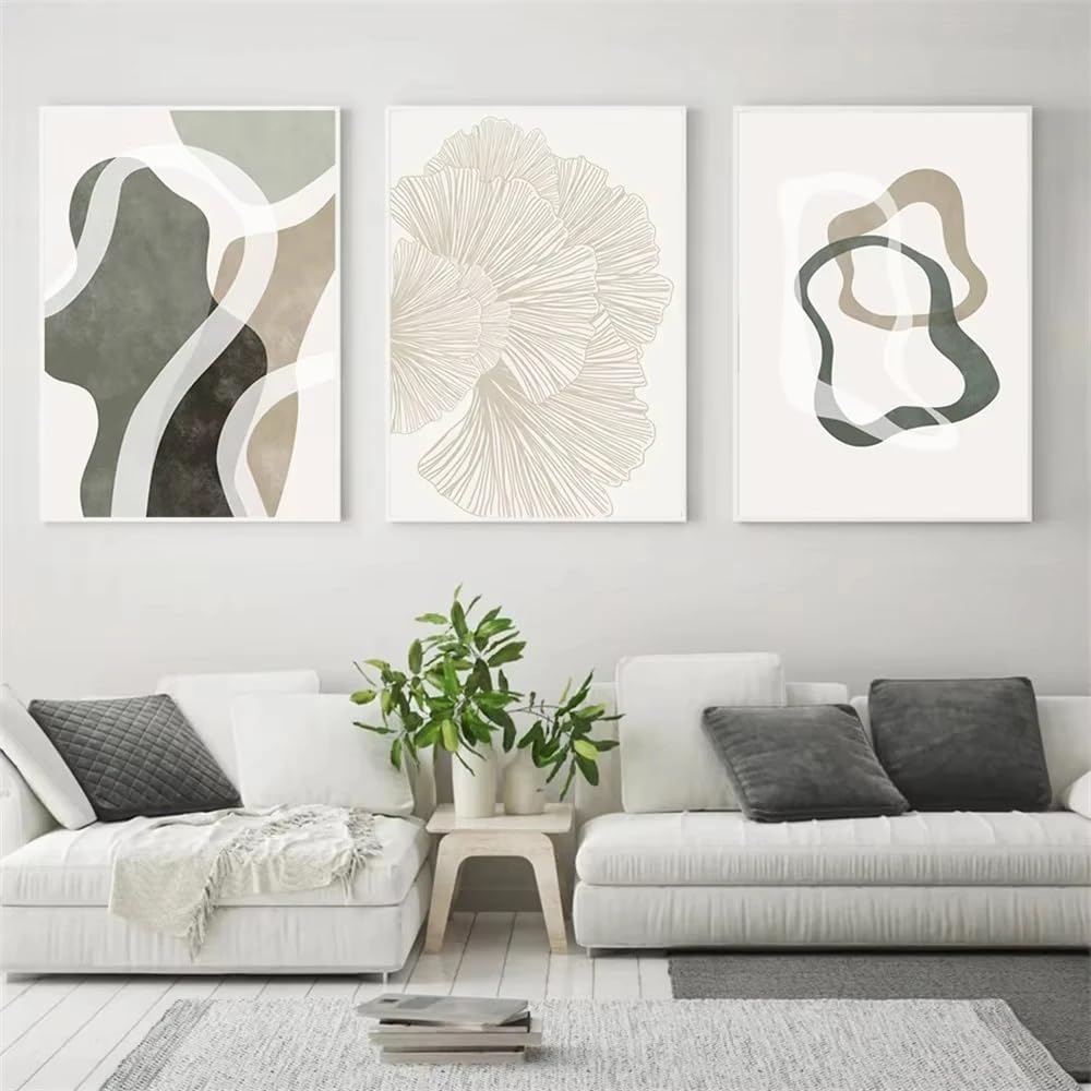 WUHBCZ Canvas Paints-Green Gray Beige Line Wall Art Print Ginkgo Leaf Pink Painting Abstract Poster Picture Bohemian Nordic Living Room Office Home Decoration-60 * 70cm/3PCS (No Frame)