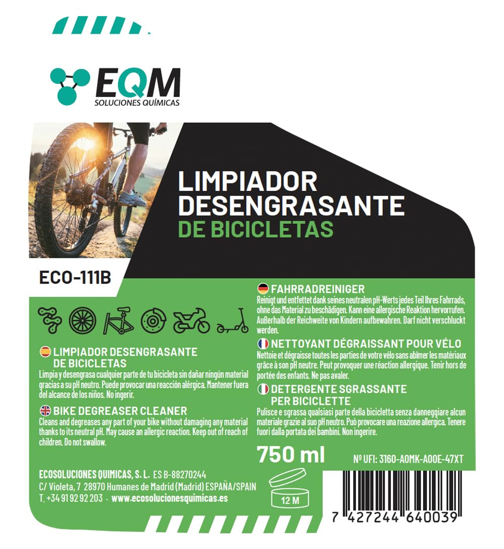 EQM - ECO-111B - Desengrasante Neutro para Bicicleta - 750 ML - Válido para Cualquier Material (Aluminio, Titanio, Acero, Anodizado, etc.) - Desengrasante de Cadenas