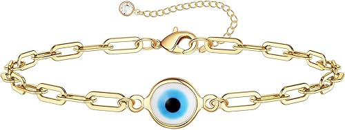 Evil Eye Bracelets for Women,18k Gold Plated Dainty Layered Paperclip Bracelet Gold Cute Adjustable Stackable Bead Bracelets Set for Protection