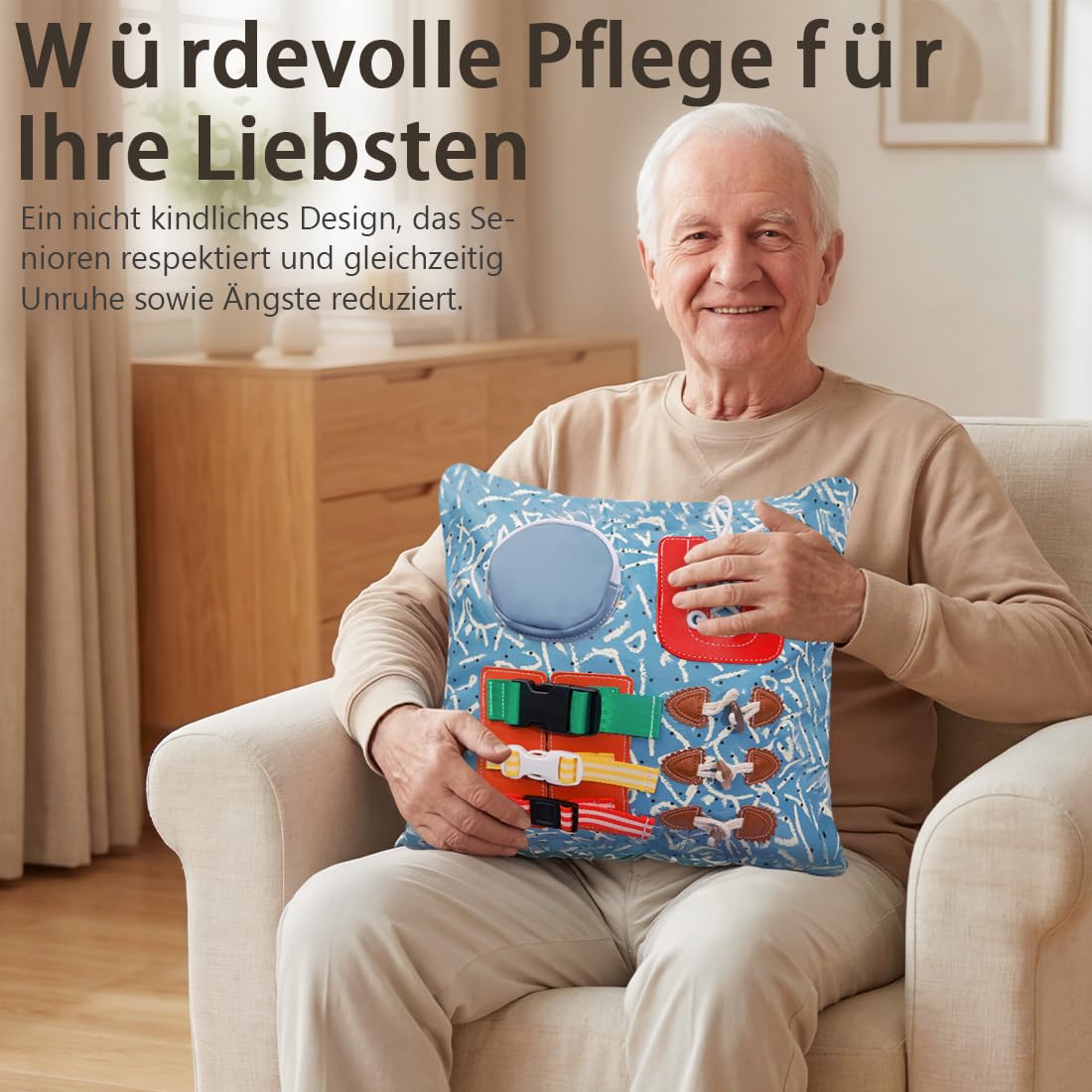 Nestelkissen für Senioren mit Demenz - Wasserdichtes Sensorik Kissen für Unruhige Hände & Motorik - Abwischbares Beschäftigungskissen mit Reißverschluss & Schnallen