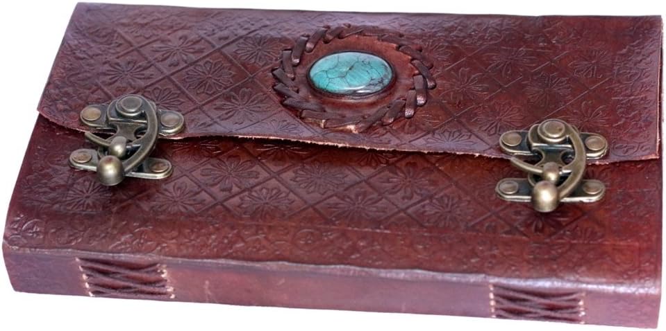 Handmade Distressed Leather Journal Turquoise Stone 2 Lock Gift Embossed Notebook Sketchbook 9x5 Christmas Gifts