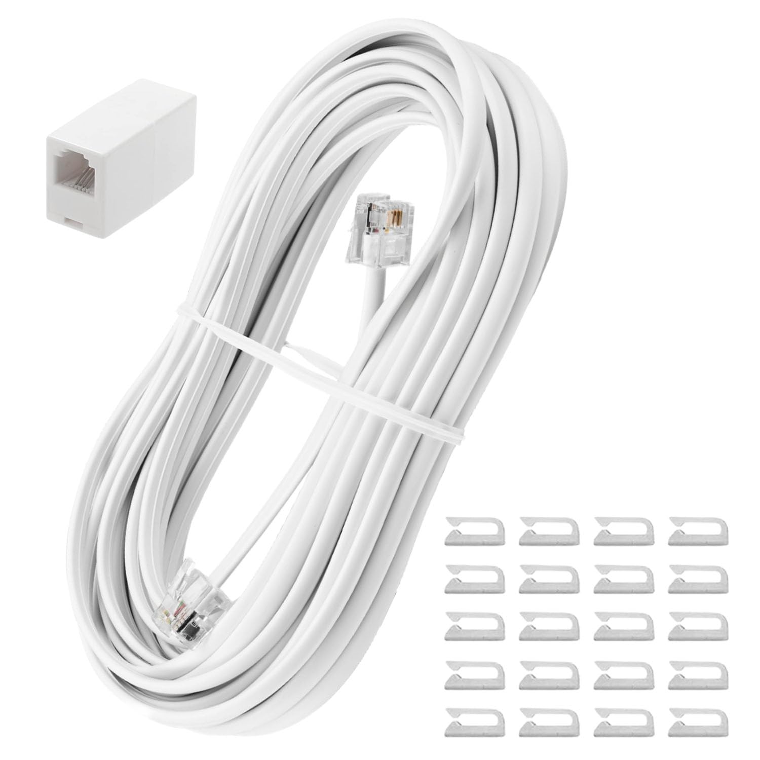 Uvital 25 Feet Phone Line Cord, RJ11 Phone Cable, Landline Telephone Wire with Telephone Coupler and 20pcs Cable Clips, for Modem, Fax Machine - White