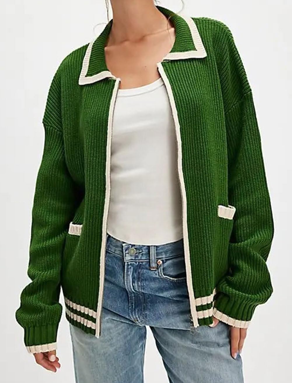 CHARTOU Casual Knit Zip Up Sweater for Women 2025 Fall Outfits Contrast Trim Open Front Cardigan Sweater Outwear Coats - Image 3