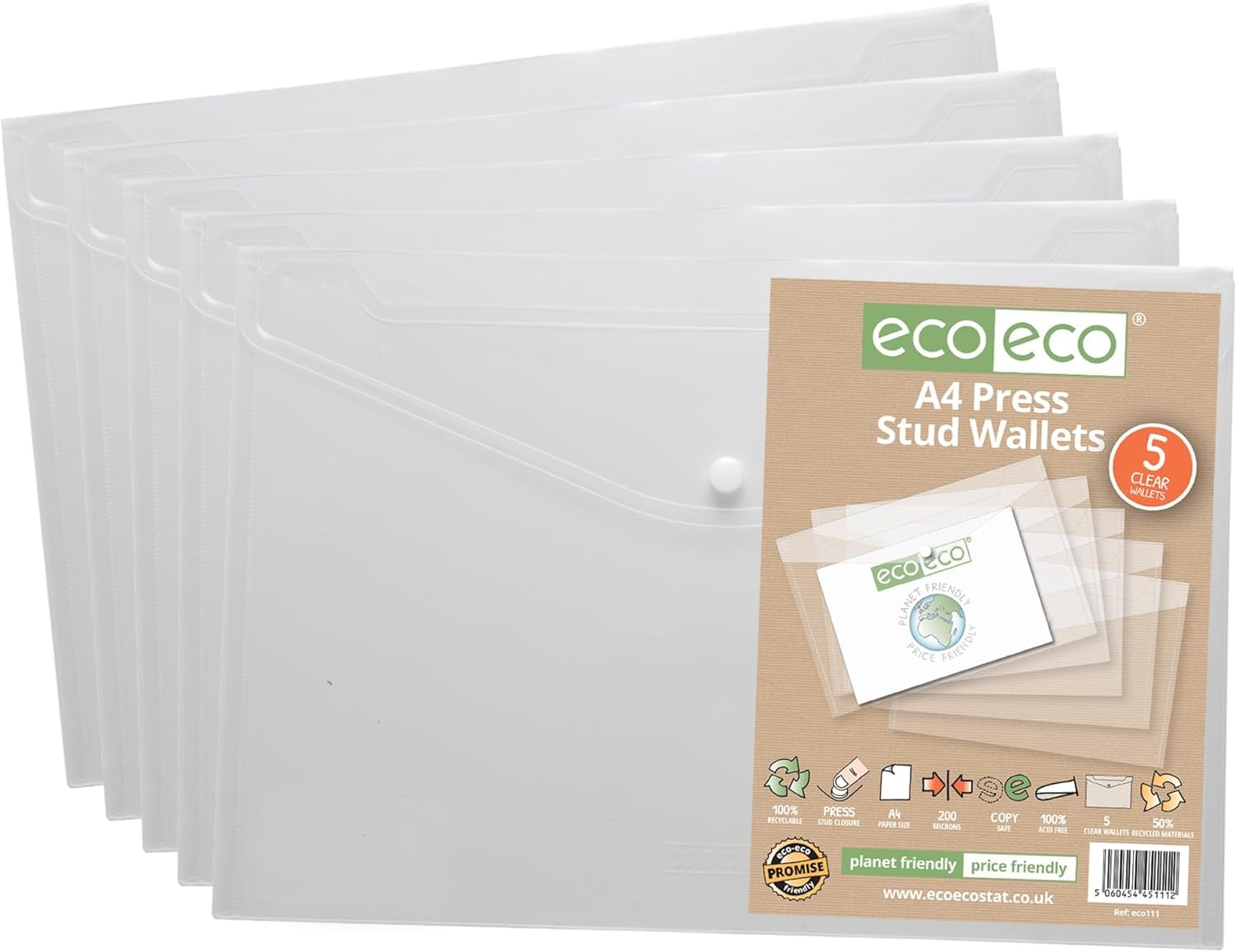A4 50% Recycled Clear Transparent Press Stud Popper Wallet, Plastic Folders 310x238mm, 200mic (Lotus)