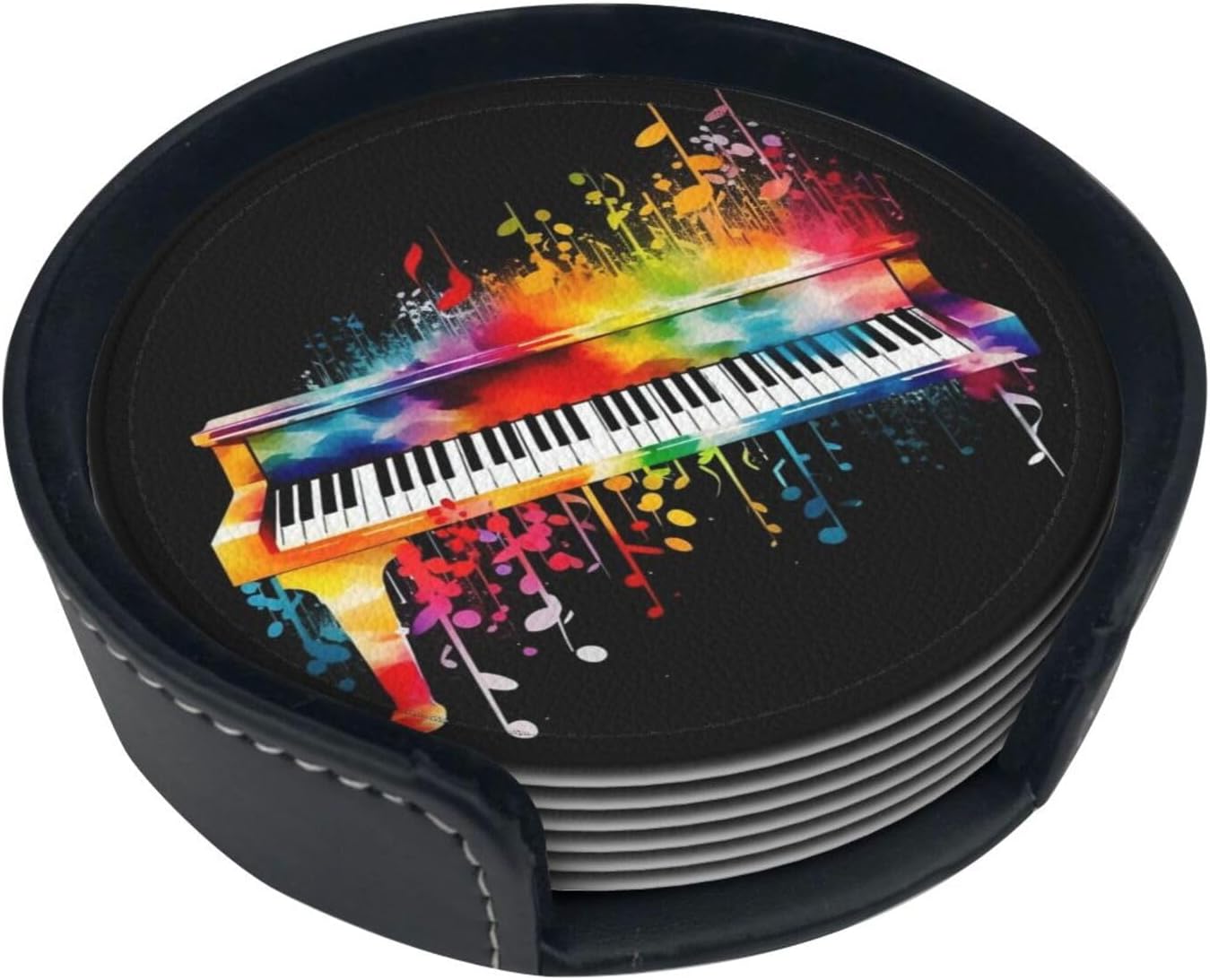 Colorful Piano Keyboard Music Note Coasters for Drinks Set of 6 Waterproof Insulated Mug Cup Coasters with Holder Non-Slip Car Coasters for Office Coffee Table Home Decor