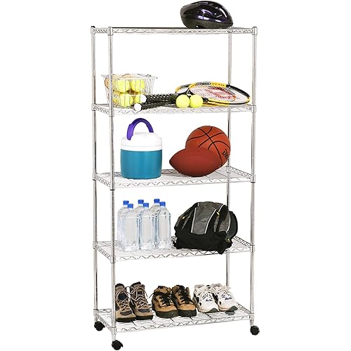 Seville Classics 5-Tier Steel Wire Shelving with Wheels, 30" W x 14" D x 60" H, Plated Steel