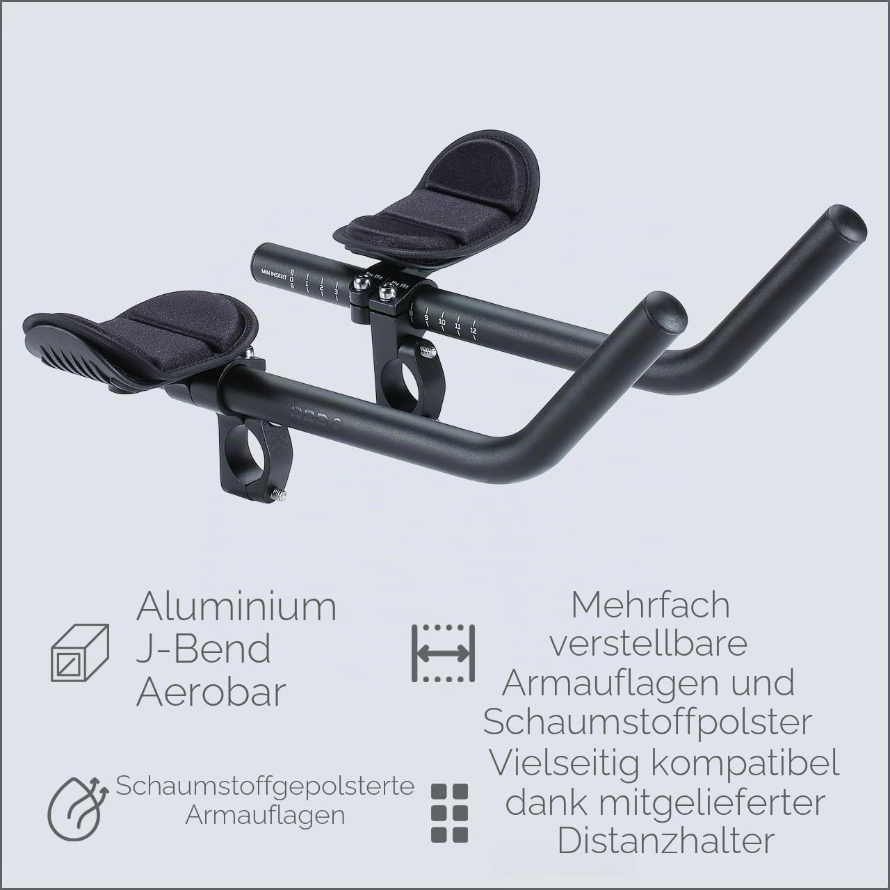 BBB Cycling Aero Bars Maximale Aerodynamik Fahrradlenker Aluminium, Extra lange J-Bend Armlehne für Rennräder Triathlon Lenkerstütze Rutschfeste Fahrradgriffe AeroMax BHB-60, Ø 25.4 / 31.8 mm