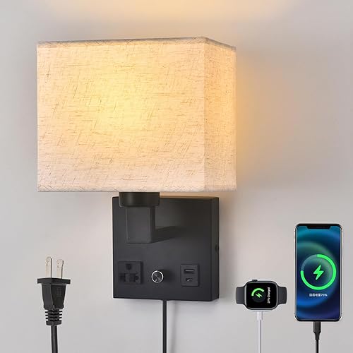 Bedside Wall Lamp for Bedroom, Plug in Wall Sconce -