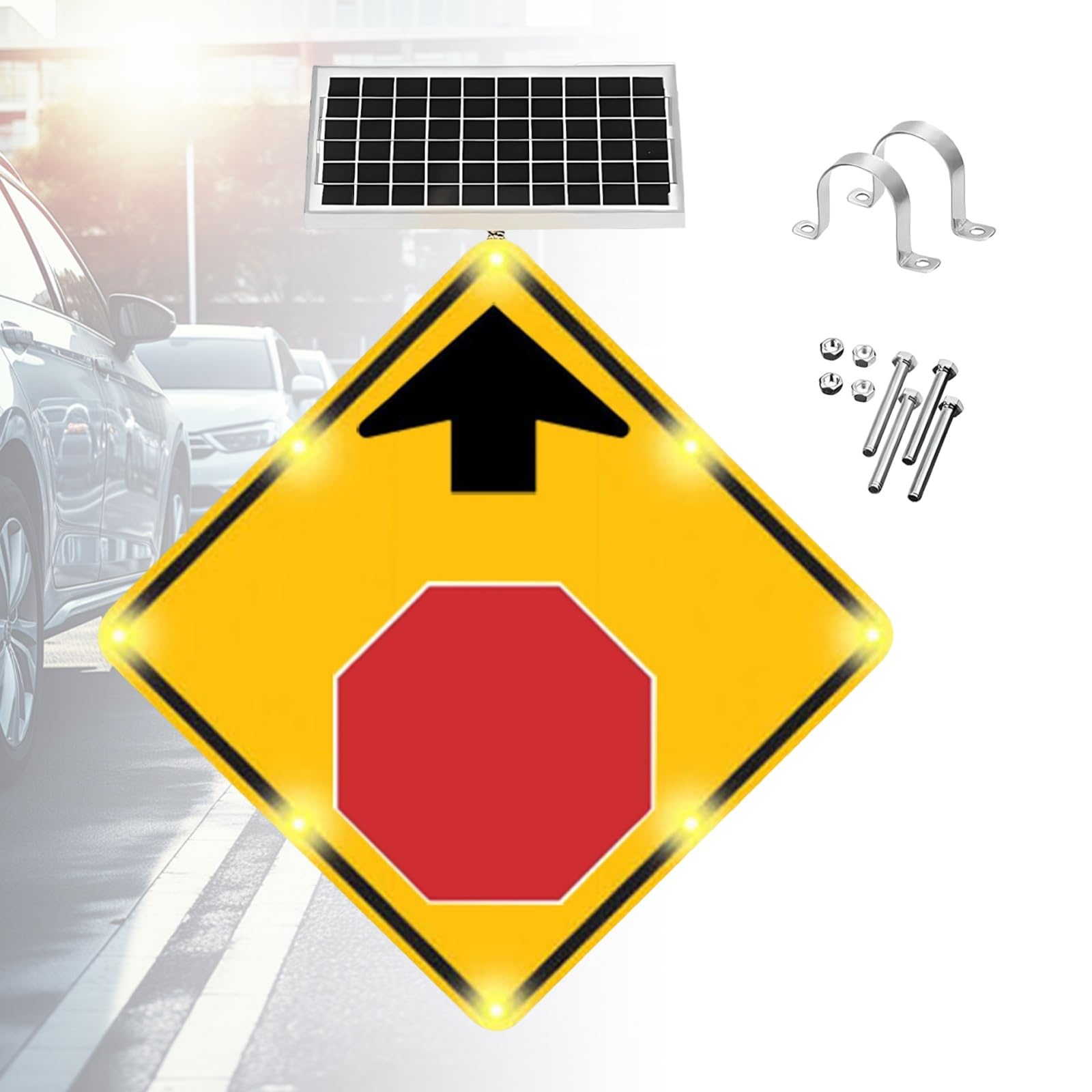 Señalización Vial Stop Adelante Solar 24"/32", Letrero Alta Visibilidad LED Parpadeante, Dispositivo de Peligro en Aluminio Reflectante para Carretera Curva Rampa(32IN)