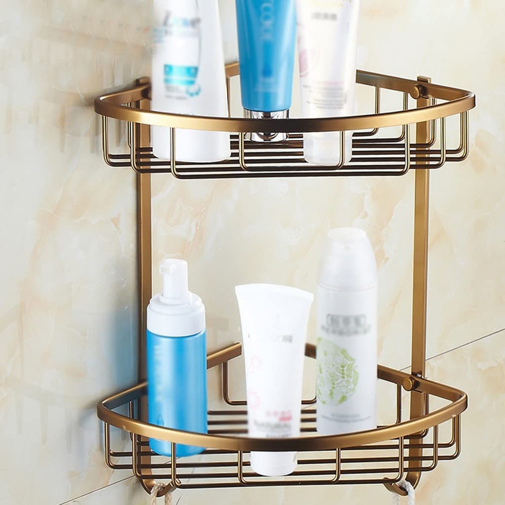 Mensola angolare da bagno con gancio a doppio strato in alluminio bronzo anticato triangolo drenante per shampoo gel doccia portaoggetti da appendere alla parete mensole da cucina.