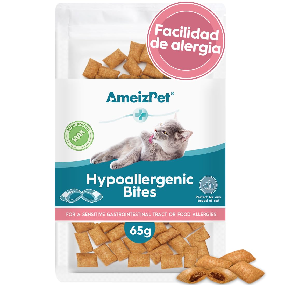 AmeizPet Golosinas Hipoalergénica para Gatos - Hipoalergénica Alimento Seco para Gatos de Interior, 65 g (2.3 oz)