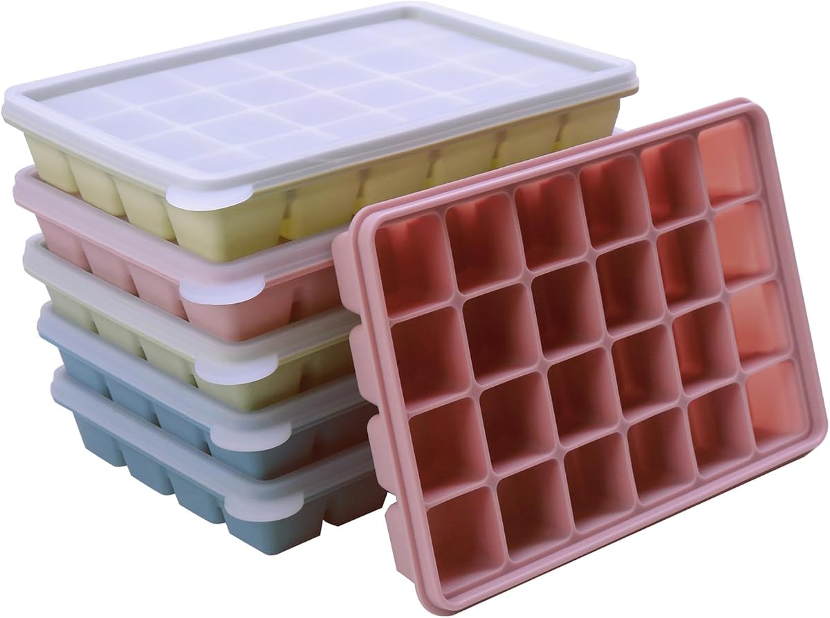 Silicone Ice Cube Trays with Lid, Set of 6, Easy Release Ice Molds, Reusable and Stackable Ice Trays for Freezer for Cocktail, Whiskey, Baby Food, BPA Free (Multicolour 6 Pack)